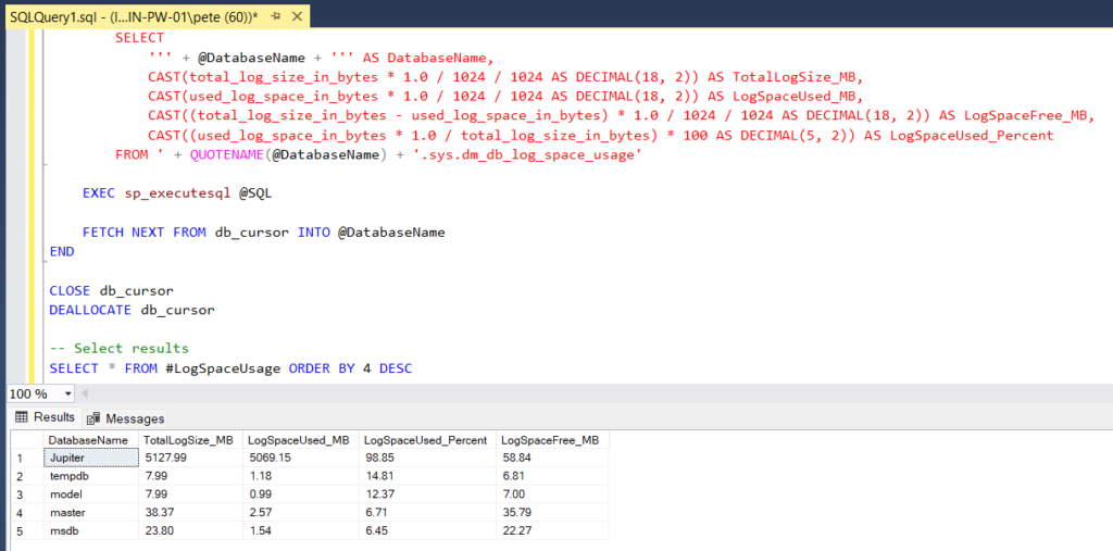 SQL Server query showing transaction log space usage by database