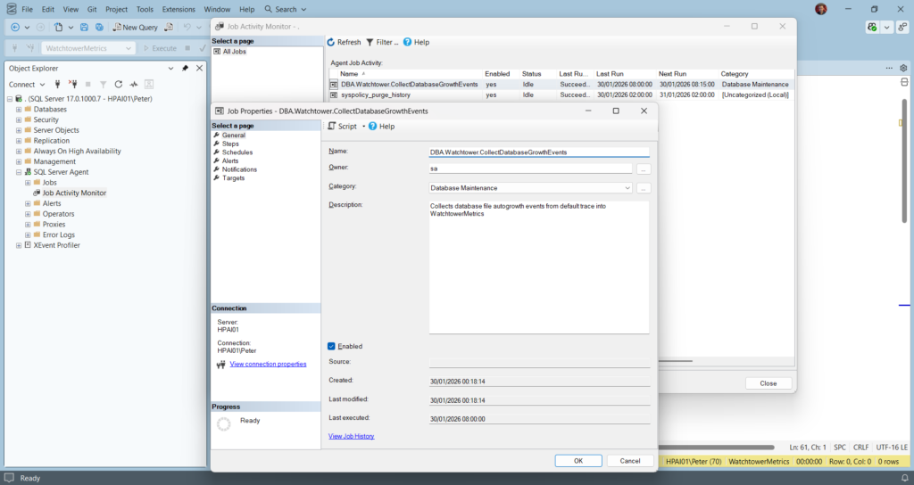 SQL Server Agent job executing the CollectDatabaseGrowthEvents stored procedure on a schedule