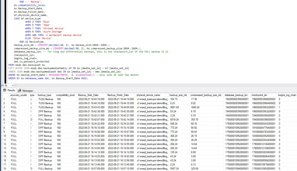 SQL Server backup history showing full, differential, and log backups.