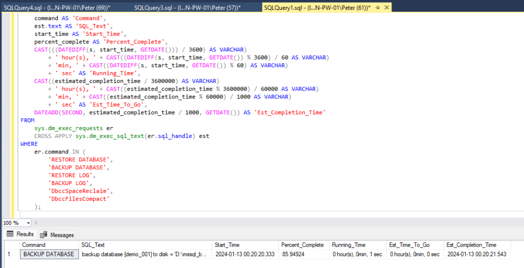 SQL Server showing estimated completion time and percent complete for a running database backup or restore