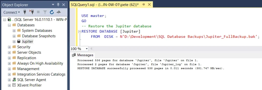 Restore database command executed in SQL Server Management Studio