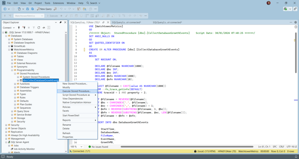 SSMS stored procedure CollectDatabaseGrowthEvents logging SQL Server database and log file autogrowth events
