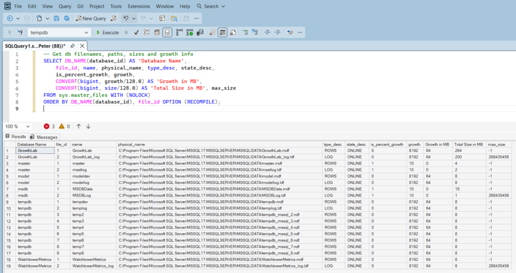 SSMS query showing SQL Server database file names, physical paths, sizes, and growth settings