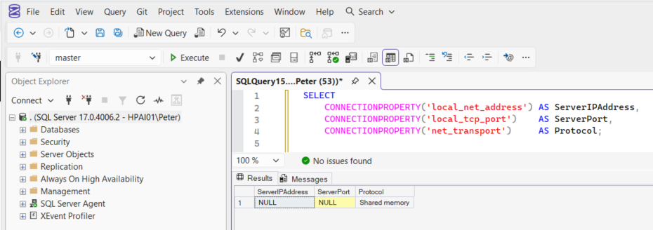 SSMS showing CONNECTIONPROPERTY local_net_address NULL on Shared Memory connection