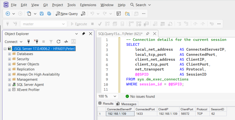 SSMS results showing local_net_address and local_tcp_port from sys.dm_exec_connections