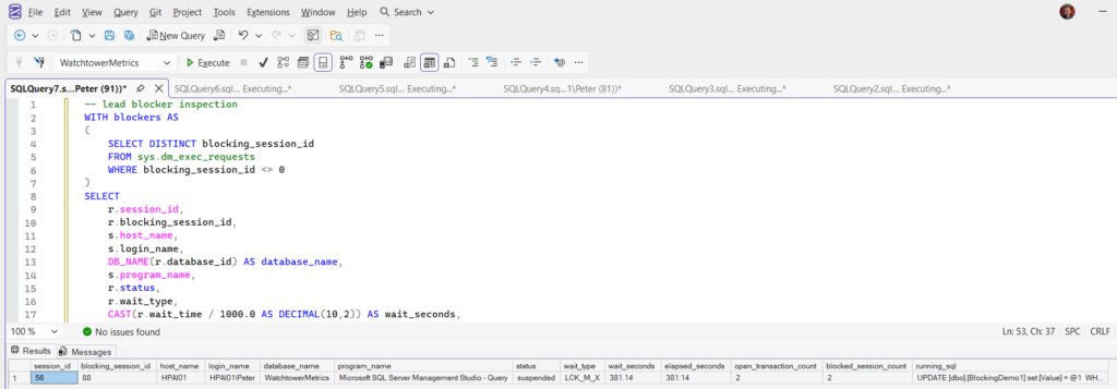 SQL Server query results showing the lead blocking SPID