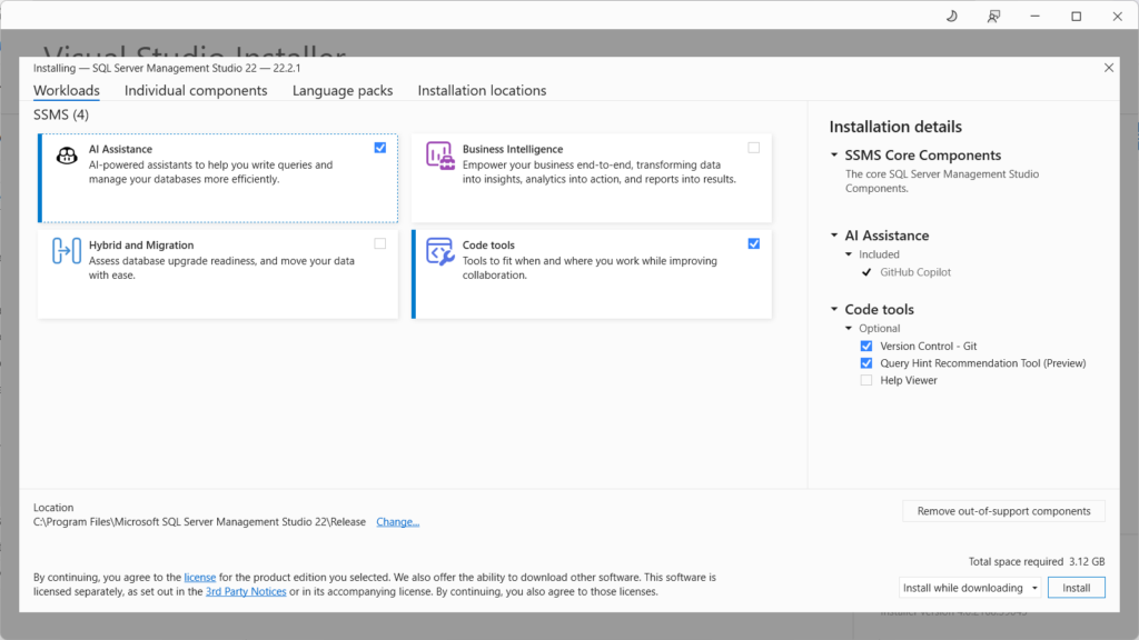 Installing SQL Server Management Studio via Visual Studio Installer
