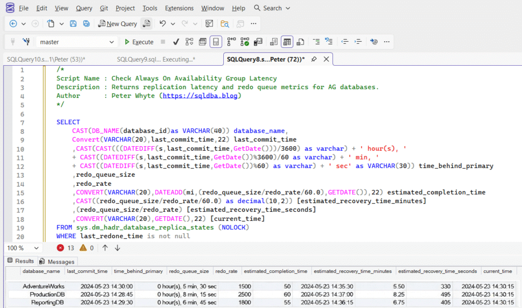SQL Server query showing Always On Availability Group latency and redo queue metrics