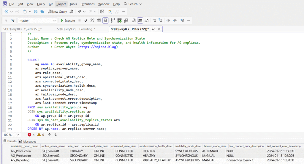 SQL Server query showing AG replica role and synchronization state