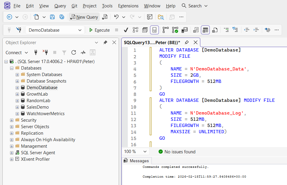 SQL Server ALTER DATABASE MODIFY FILE configuring SIZE and FILEGROWTH