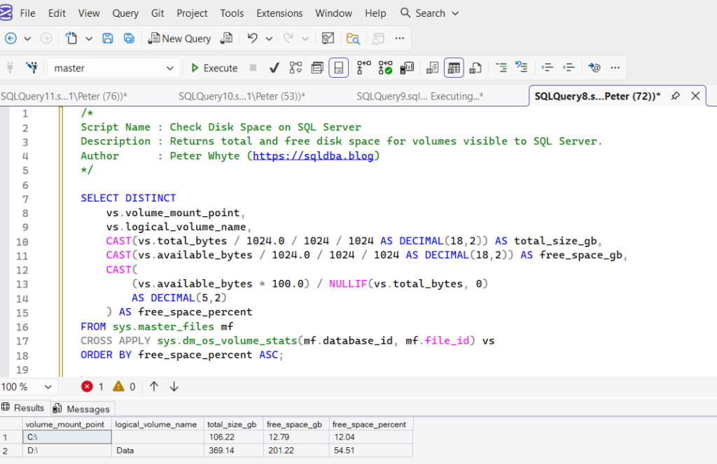 SQL Server query showing disk space per volume with total and free space