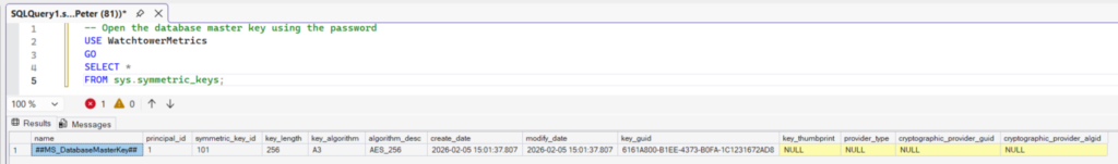 SQL Server result set listing symmetric keys, including the database master key ##MS_DatabaseMasterKey##.