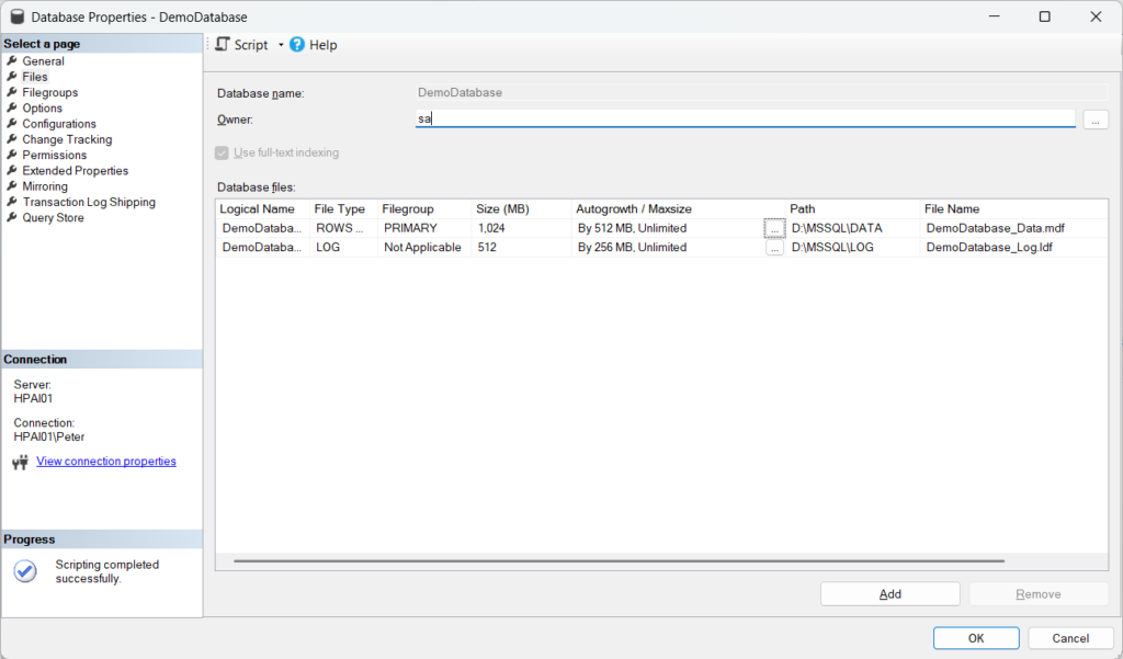 SQL Server database Properties Files tab showing SIZE and FILEGROWTH settings in SSMS