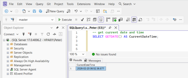 SSMS query showing SELECT GETDATE()