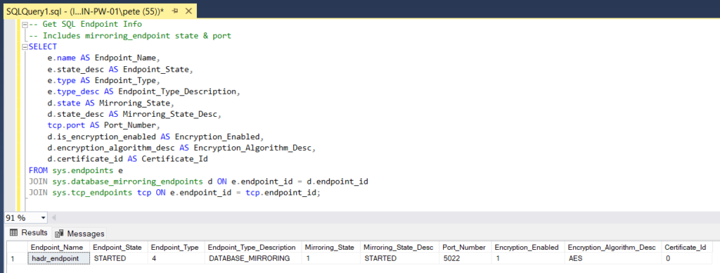 SQL Server mirroring endpoint port query results in SSMS