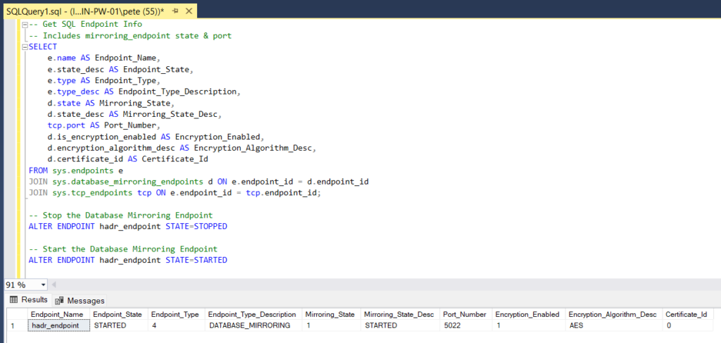 Query showing SQL Server database mirroring endpoint state and port