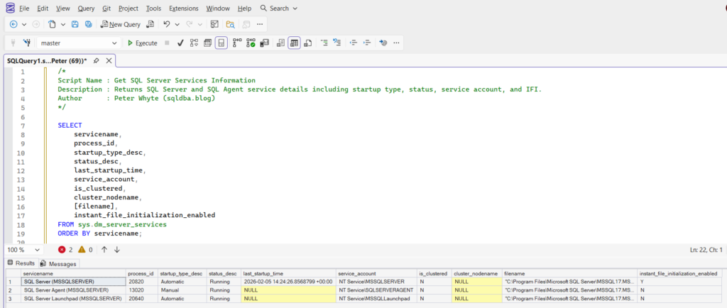 SQL Server query showing SQL Server and SQL Agent service information