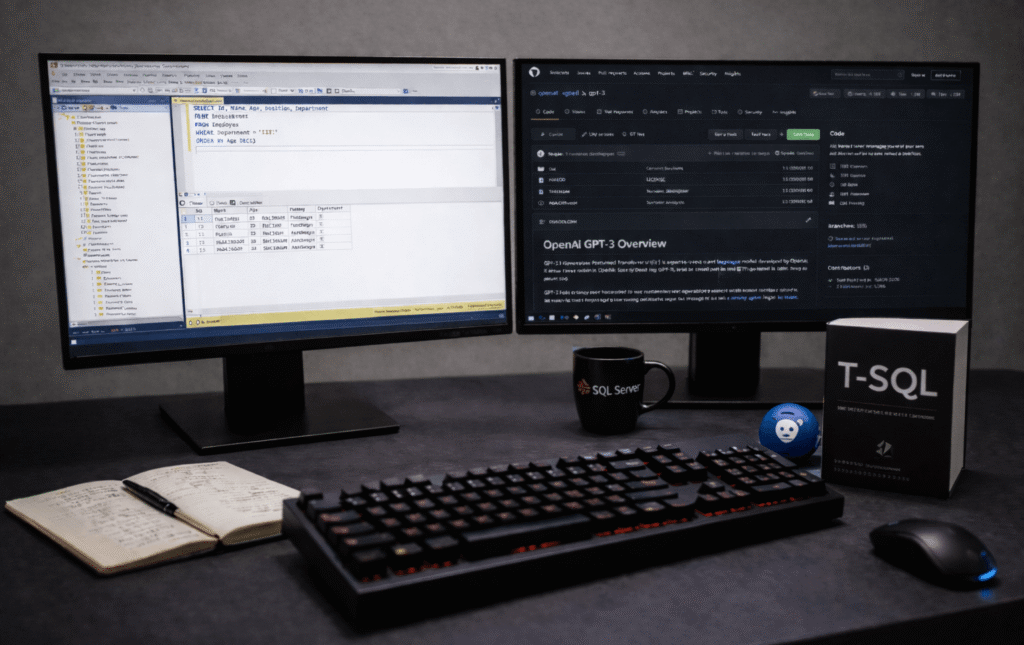 SQL Server Management Studio with T-SQL script on dual monitors alongside GitHub in a professional DBA workspace