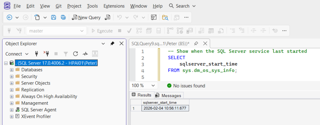 SQL Server query showing sqlserver_start_time from sys.dm_os_sys_info