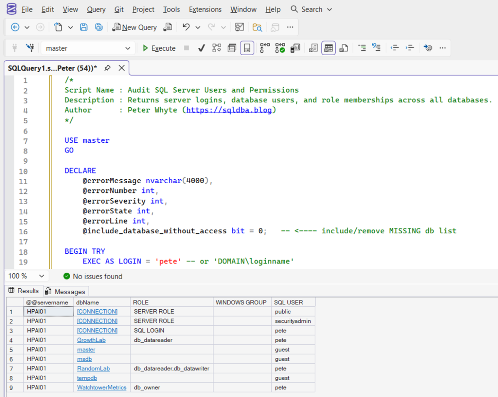 SQL Server query showing user and role audit results across databases