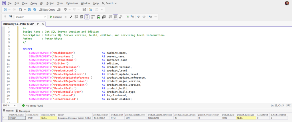 SQL Server query showing version, build number, and edition information