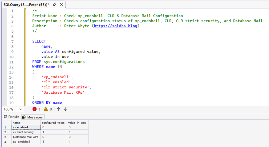 SQL Server query showing xp_cmdshell, CLR, and Database Mail configuration