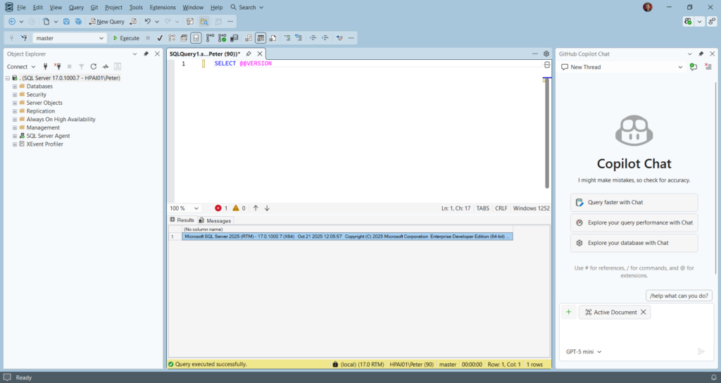 SQL Server Management Studio connected to a local SQL Server instance