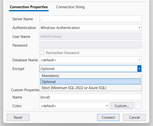 SSMS encryption options showing Strict, Mandatory, and Optional