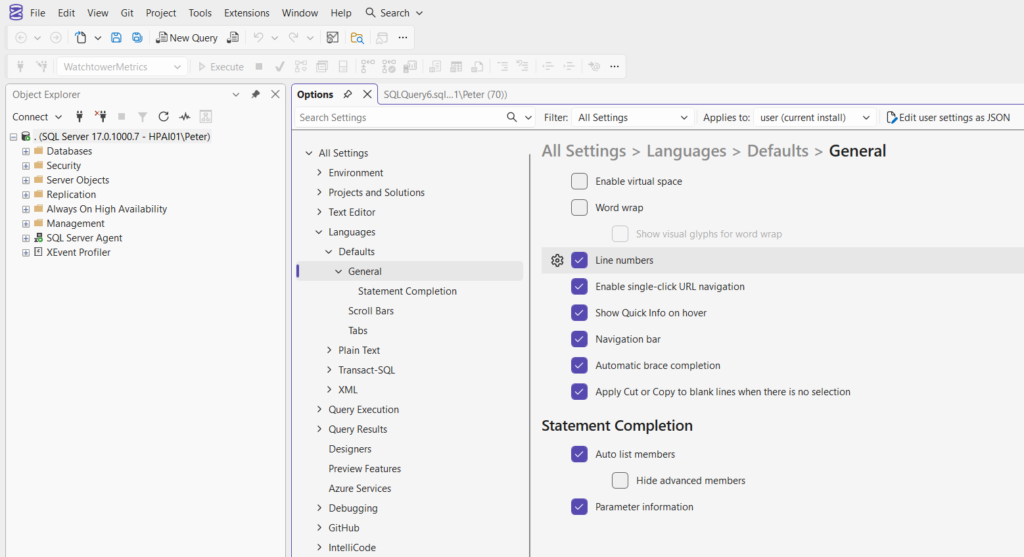 SSMS options showing the line numbers setting