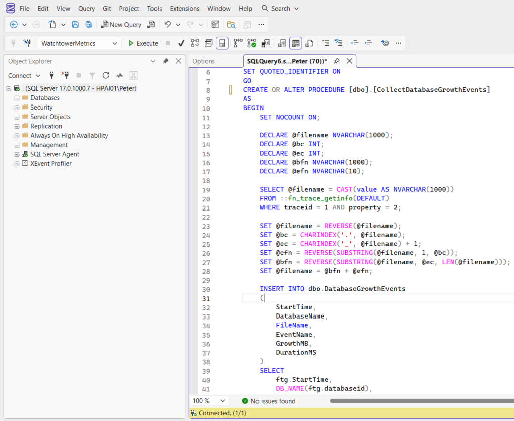 SSMS query window showing line numbers enabled