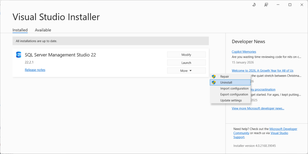 Uninstalling SQL Server Management Studio using the Visual Studio Installer