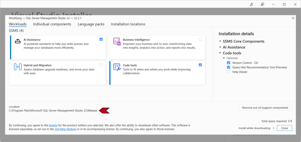Visual Studio Installer showing SQL Server Management Studio install location