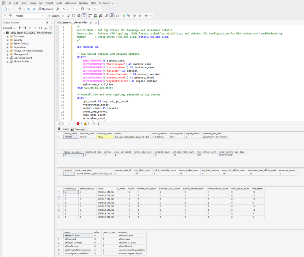SQL Server CPU topology and scheduler details showing logical CPU count NUMA nodes schedulers MAXDOP and CPU affinity configuration