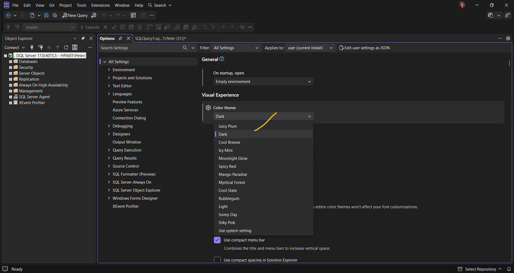 SSMS Tools Options All Settings Visual Experience with Color theme set to Dark