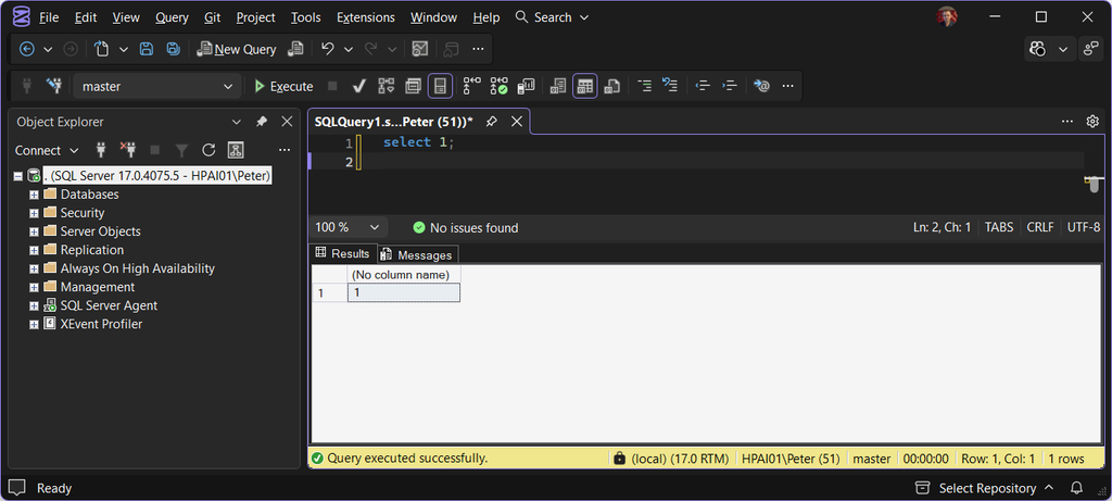 SSMS dark theme query window with the results grid still white
