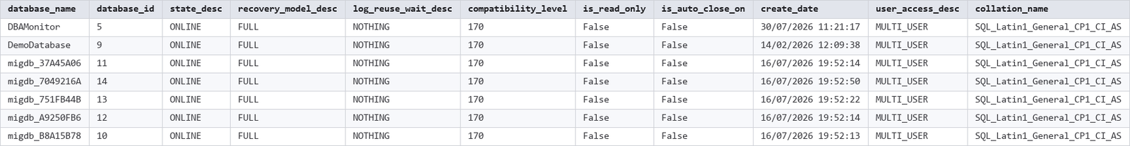 Get-DatabaseInventory output showing key columns Get-DatabaseInventory output showing key columns, SQL Server output