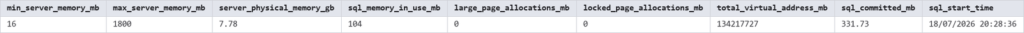Get-MemoryConfigurationAndUsage output showing key columns, SQL Server output