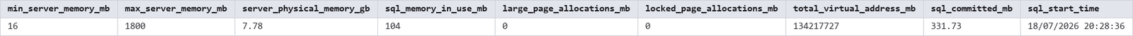 Get-MemoryConfigurationAndUsage output showing key columns Get-MemoryConfigurationAndUsage output showing key columns, SQL Server output