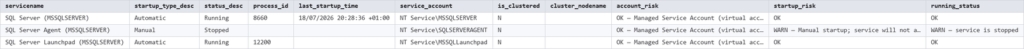 Get-ServicesInformation output showing key columns, SQL Server output