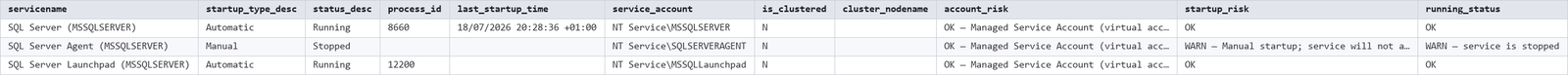 Get-ServicesInformation output showing key columns Get-ServicesInformation output showing key columns, SQL Server output