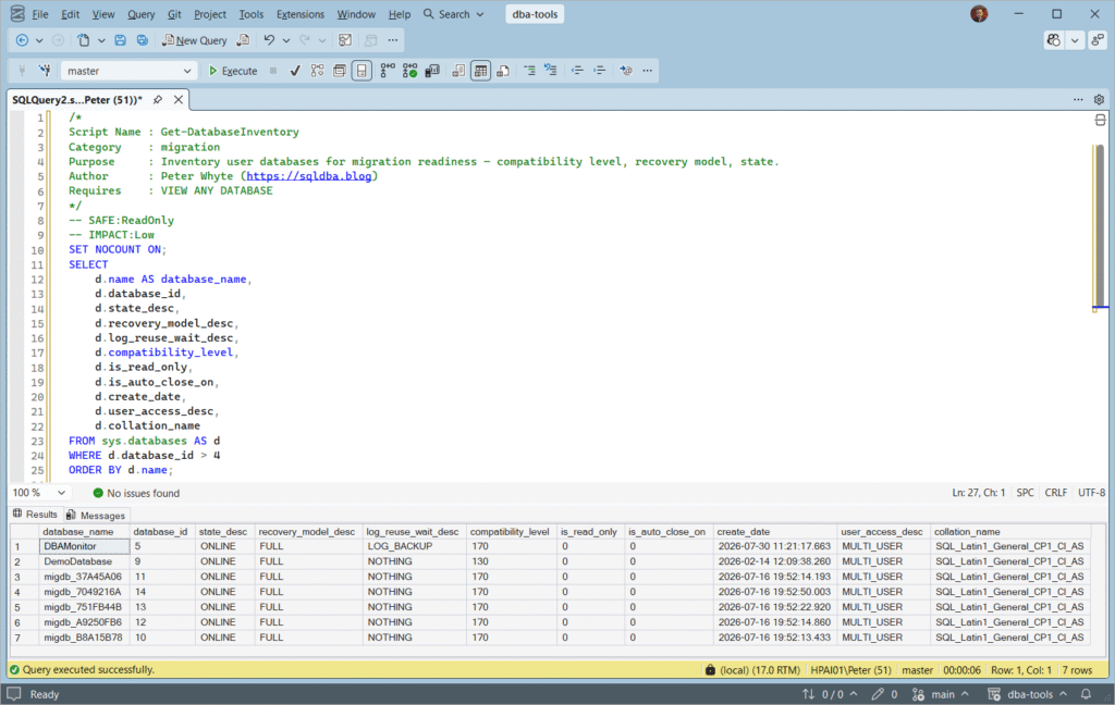 Get SQL Server Server Databases and configuration settings