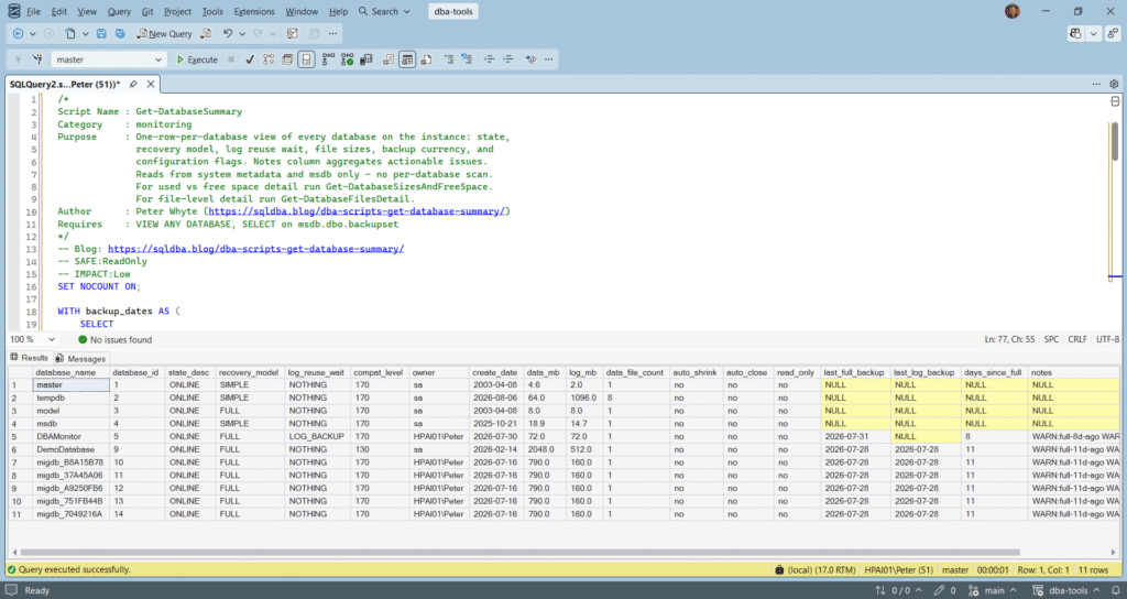 A T-SQL script giving a one-row-per-database health summary for SQL Server
