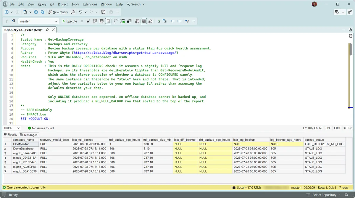 Get-BackupCoverage results in SSMS, backup_status per database SSMS showing the Get-BackupCoverage script and its results grid. Seven databases are listed with their last full, differential and log backup, the age of each in hours, the full backup size in megabytes, and a backup_status column. The top row is in FULL recovery with a full backup an hour old but NULL for its last log backup, and reads FULL_RECOVERY_NO_LOG. The six rows below it have log backups over 800 hours old and read STALE_LOG.