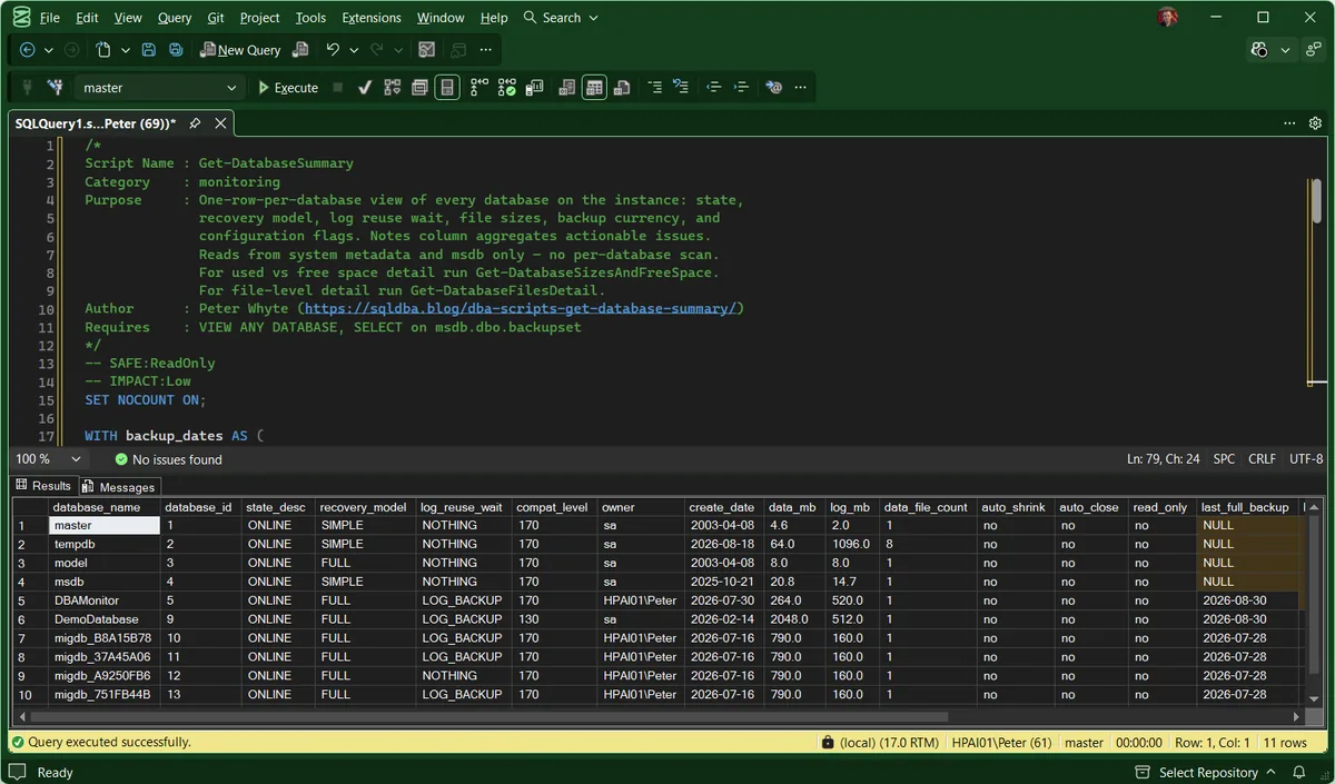 SQL Server database summary, one row per database SQL Server one row per database summary showing state, recovery model, log reuse wait, compatibility level, owner, file sizes and last full backup for eleven databases