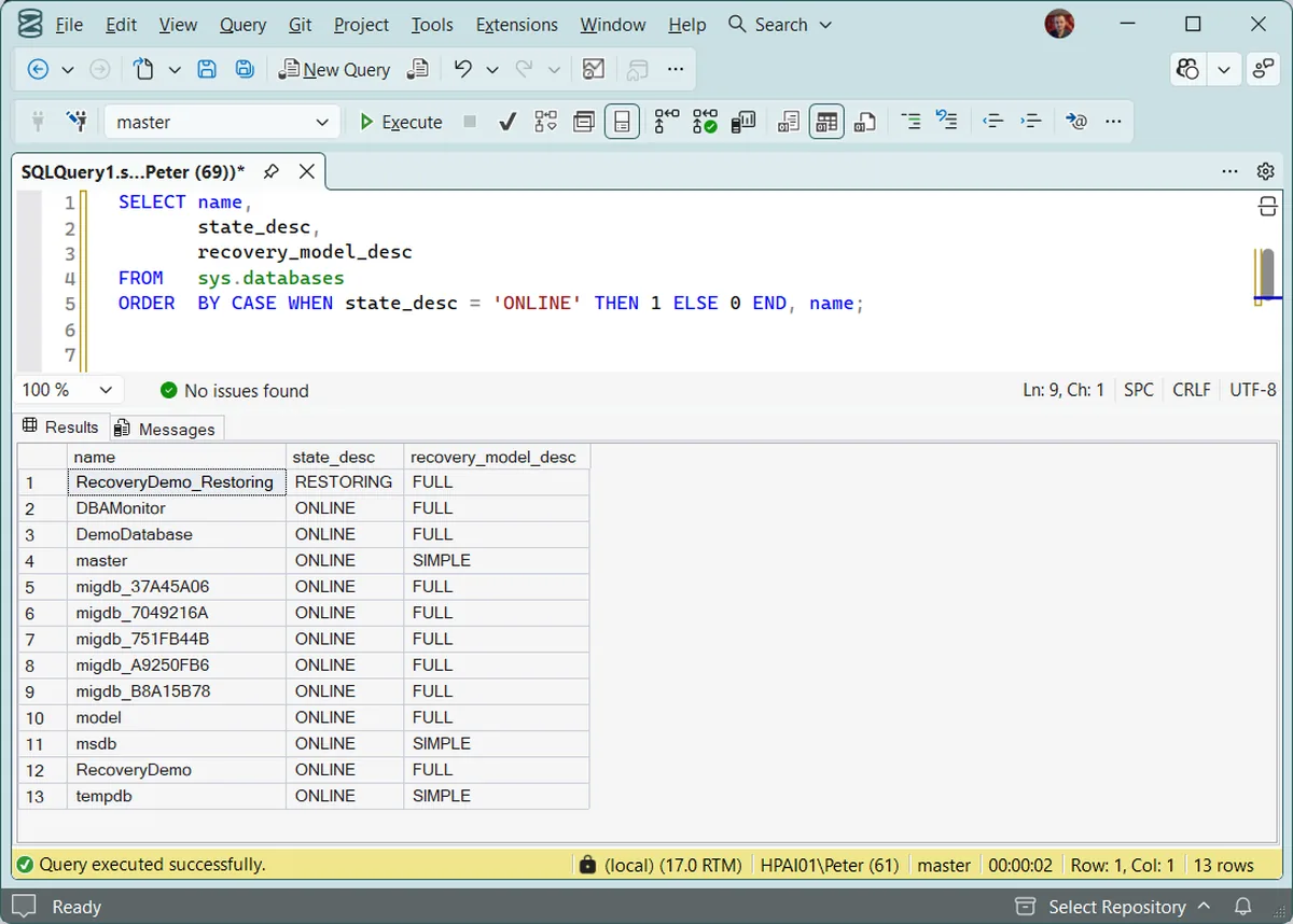 sys.databases state_desc showing one database RESTORING beside online ones SSMS results grid from a query against sys.databases showing name, state_desc and recovery_model_desc for thirteen databases. The first row, RecoveryDemo_Restoring, reads RESTORING; every other row including the system databases reads ONLINE. The query sorts non-online databases to the top.