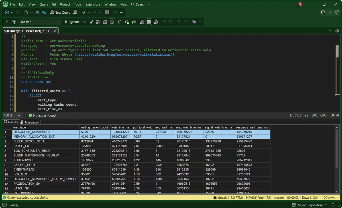 Get-WaitStatistics output in SSMS SQL Server top wait statistics script output in SSMS, RESOURCE_SEMAPHORE highest by percentage of total wait time