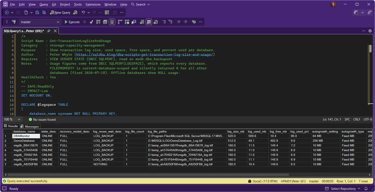 Get-TransactionLogSizeAndUsage results in SSMS, log size and percent used per database SSMS results grid from the Get-TransactionLogSizeAndUsage script listing seven databases with state, recovery model, log reuse wait, log file count and path, log size, used and free megabytes, percent used and autogrowth settings. The top row, DBAMonitor, is at 98 percent used with a log reuse wait of LOG_BACKUP; the rows below it are under 10 percent.