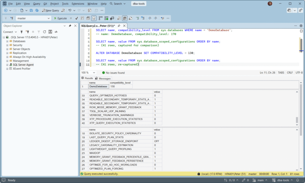 SSMS screenshot showing sys.database_scoped_configurations unchanged after dropping SQL Server compatibility level to 130, SQL Server output