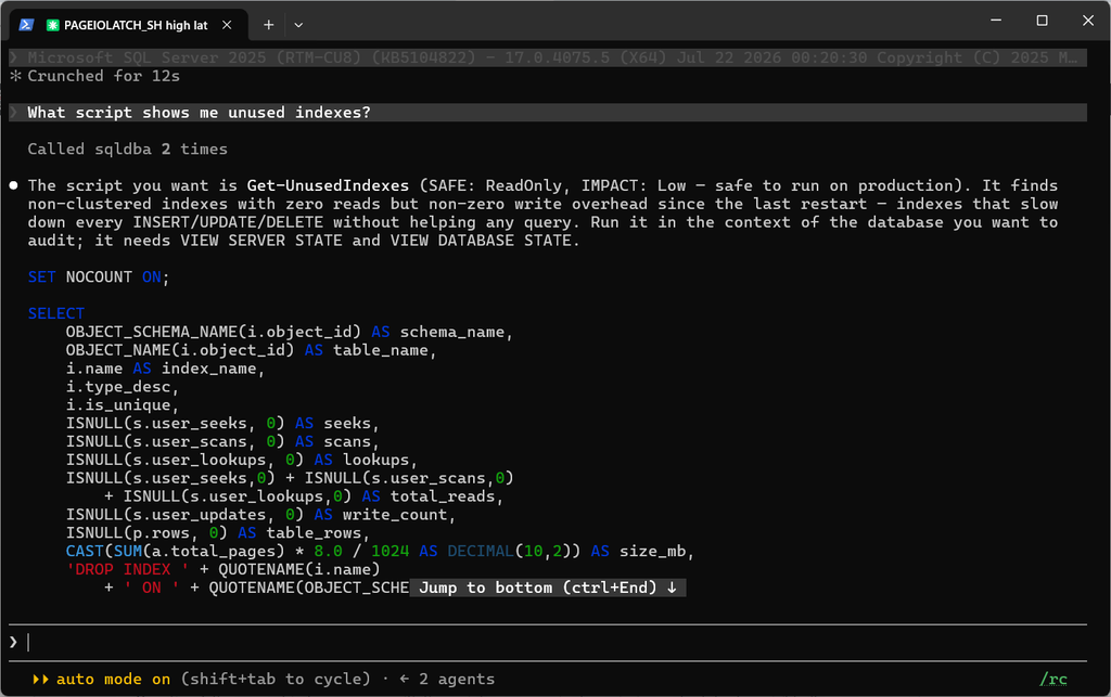 The sqldba MCP returning Get-UnusedIndexes with its SAFE ReadOnly class, required permissions and the full script body