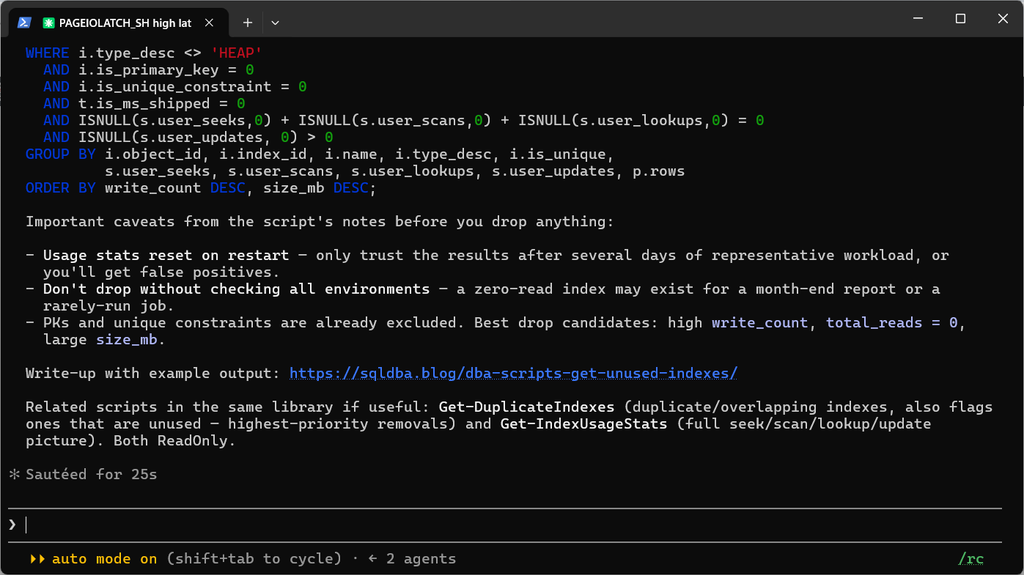 The end of the Get-UnusedIndexes answer: caveats before dropping any index, and related scripts from the same library